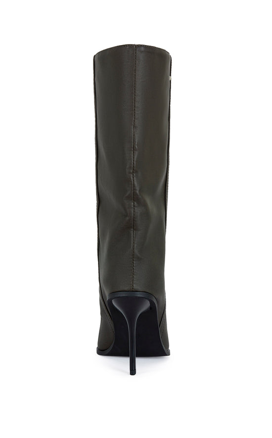 brown faux leather statement boots with a mid calf length shaft, a silver toe cap, and a sleek black stiletto heel