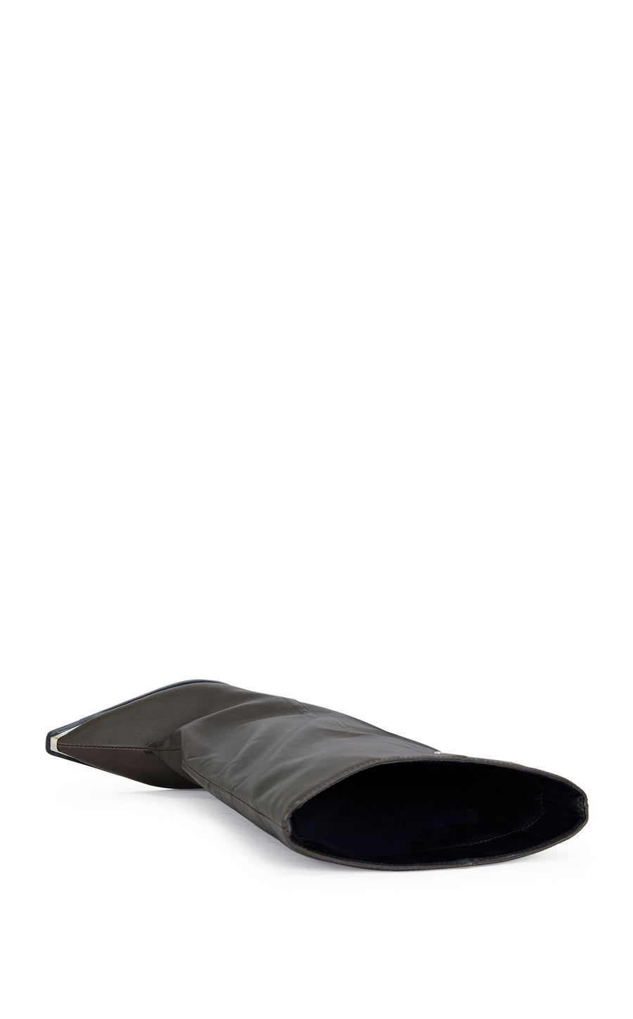 brown faux leather statement boots with a mid calf length shaft, a silver toe cap, and a sleek black stiletto heel