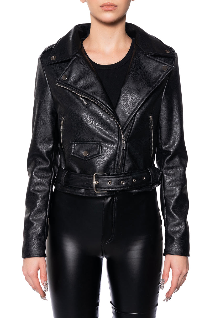 black faux leather cropped moto jacket with a statement embellished "limited edition" written on the back of the jacket