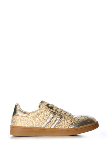 raffia lined lace up sneakers with metallic gold accents on the upper of the shoe