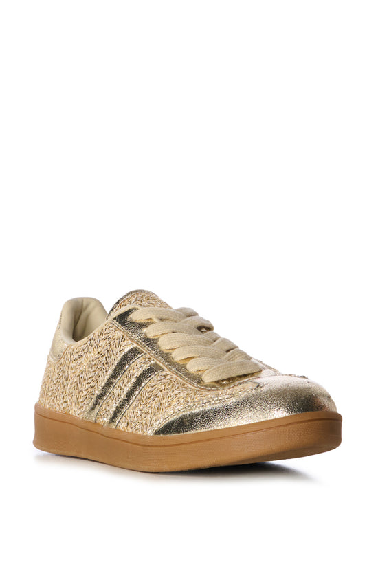 raffia lined lace up sneakers with metallic gold accents on the upper of the shoe