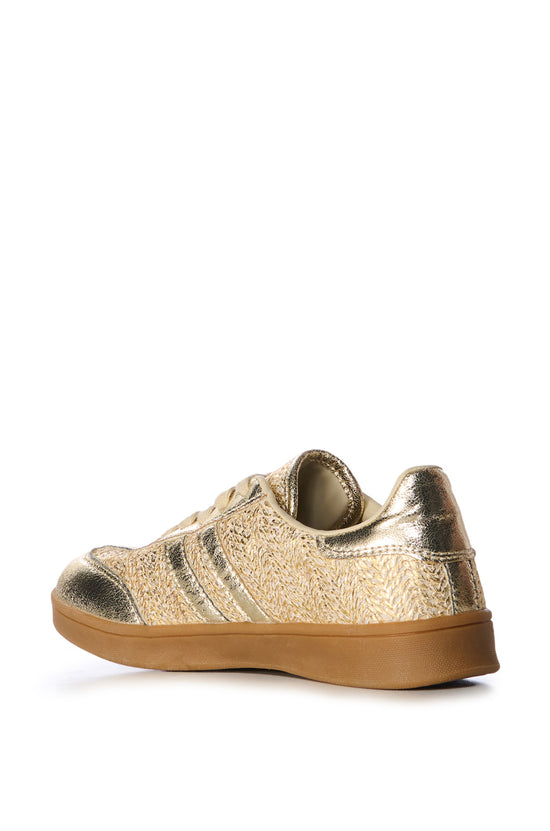 raffia lined lace up sneakers with metallic gold accents on the upper of the shoe