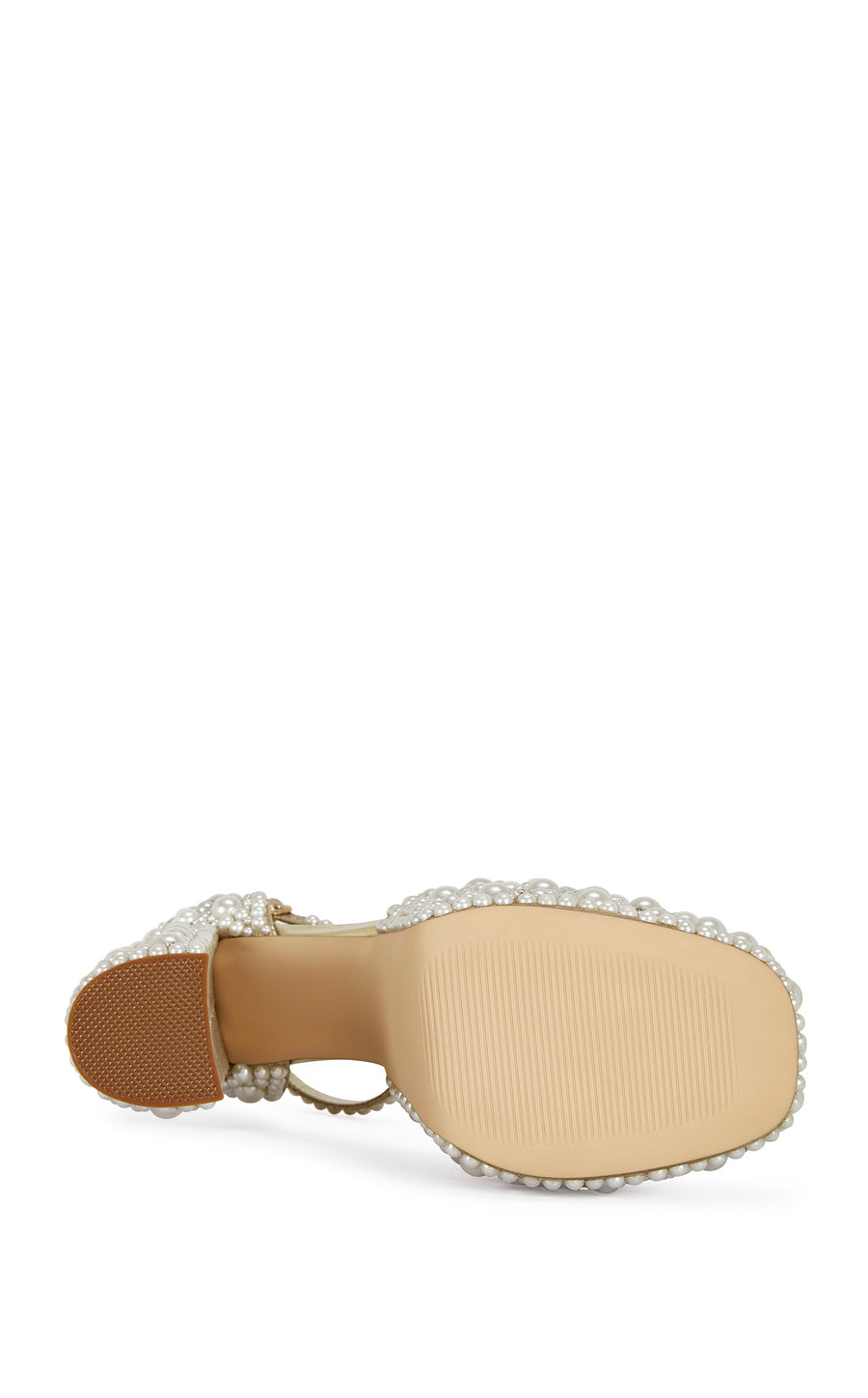 gold faux leather statement platform heels with an open toe, block heel, adjustable ankle straps adorned with faux pearl embellishments all over the heel