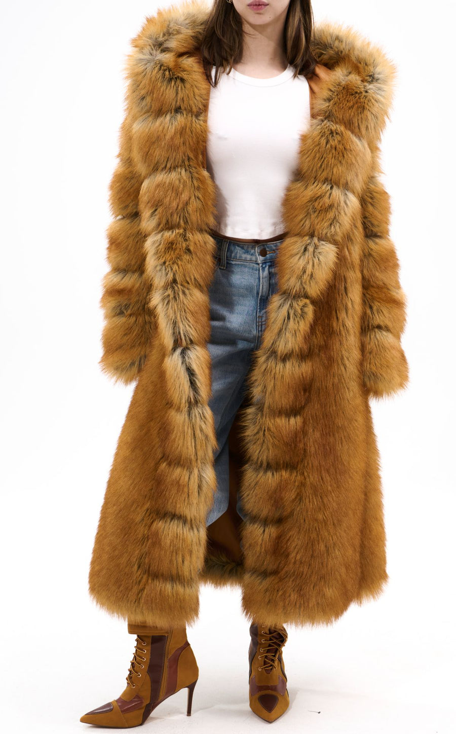 ELIZABETH-TAN FAUX FOX FUR COAT