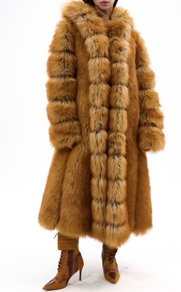 ELIZABETH-TAN FAUX FOX FUR COAT