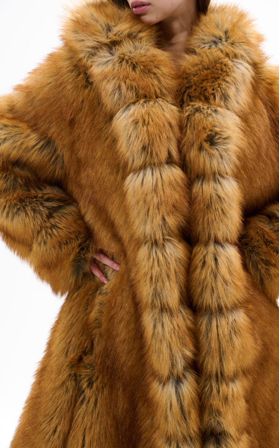 ELIZABETH-TAN FAUX FOX FUR COAT