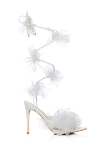 white open toe heeled strappy sandals with floral wrap up detail