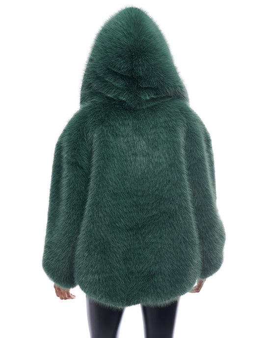 emerald green faux fur statement coat with a high low silhouette and an oversized collar