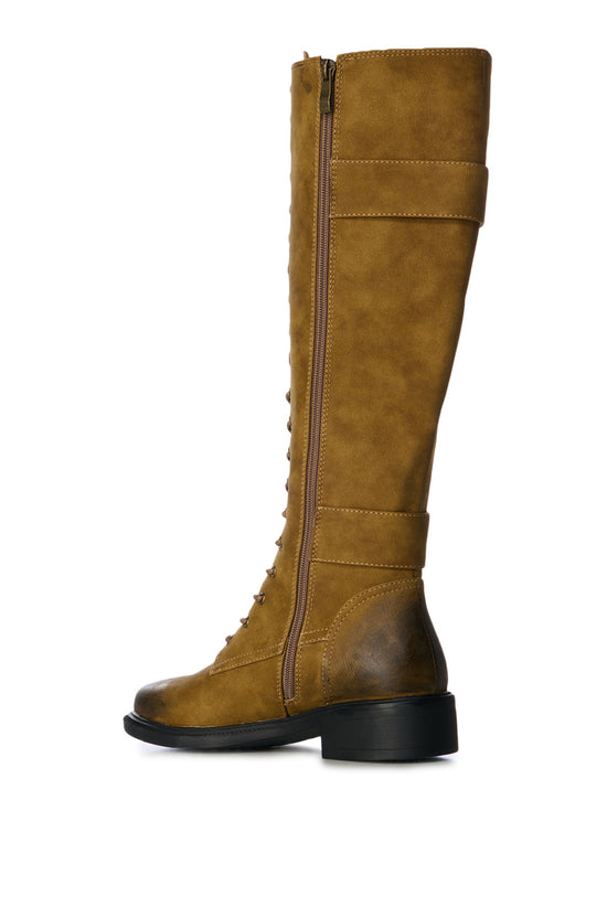 Brown faux suede lace up knee high combat boots with belted buckle accents on the shaft
