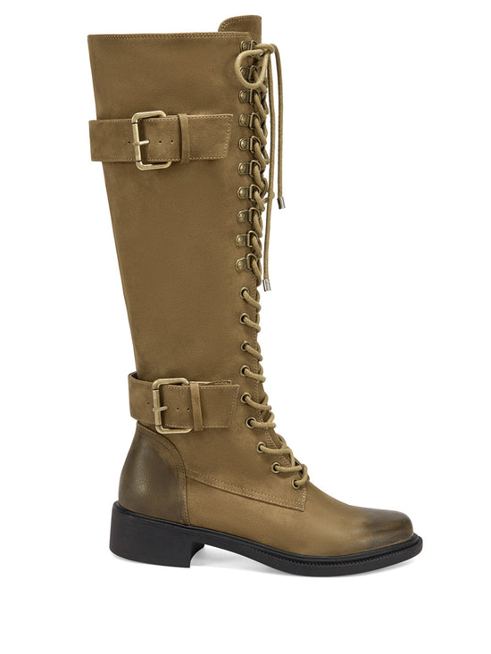 Brown faux suede lace up knee high combat boots with belted buckle accents on the shaft