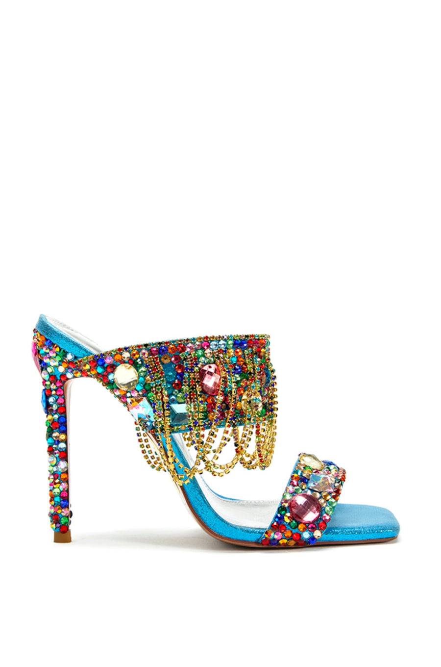 open toe square cut stiletto heels with colorful rhinestone embellishments and gold chain accent draping the shoe