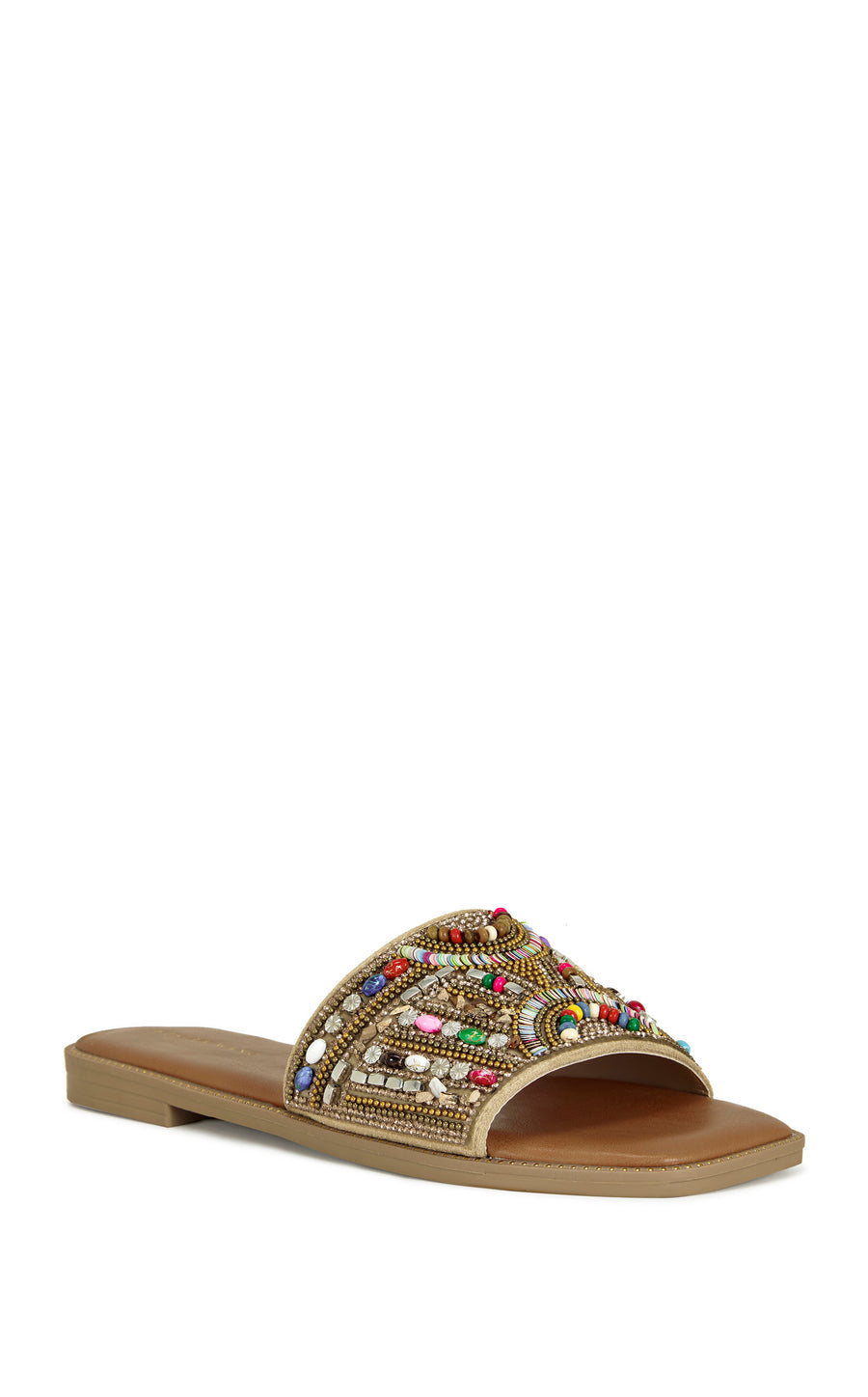 beige faux leather slip on flat sandal with a colorful crystal embellished foot strap
