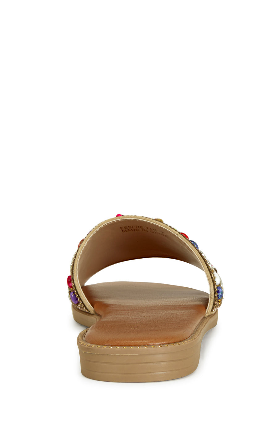 beige faux leather slip on flat sandal with a colorful crystal embellished foot strap