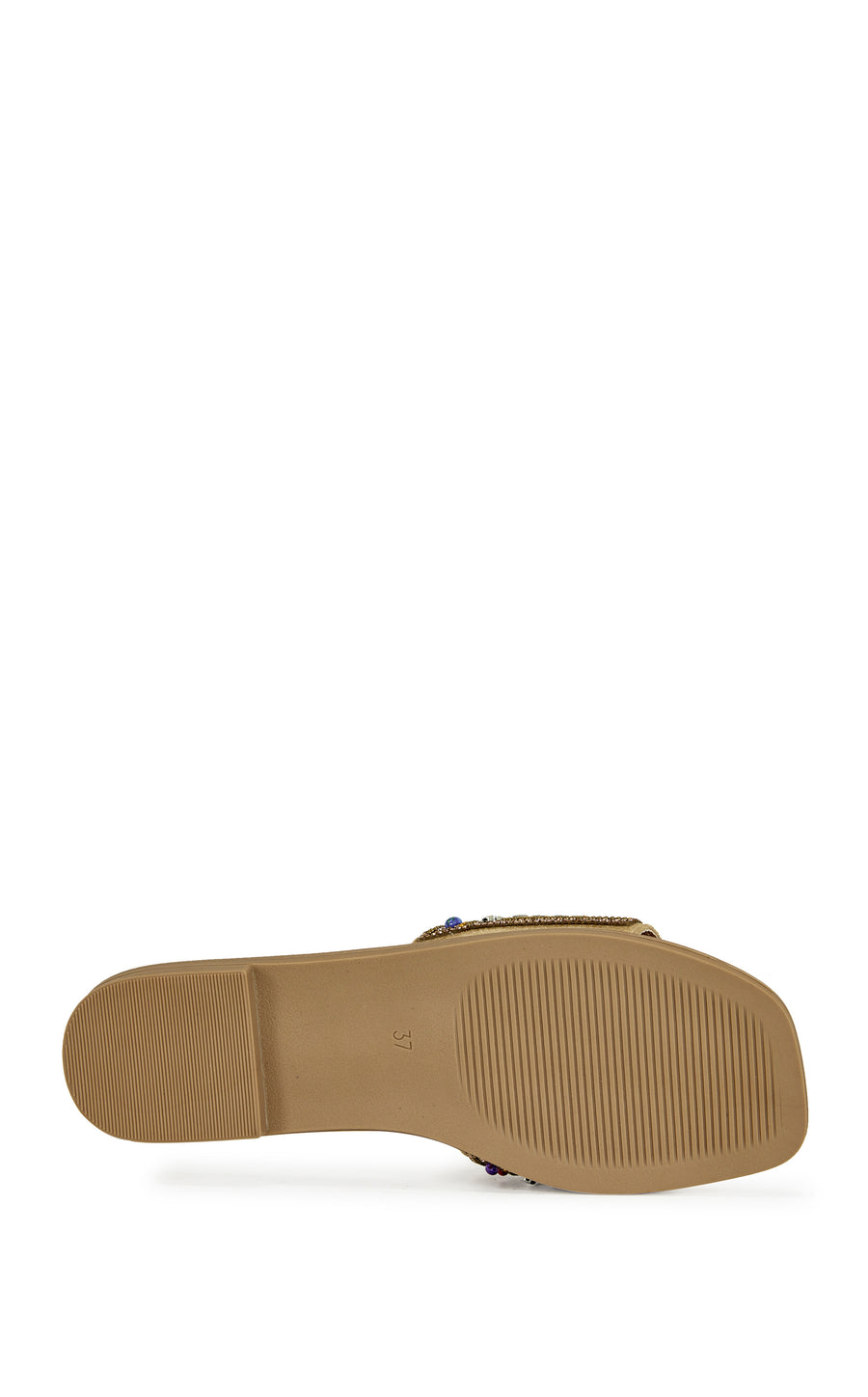 beige faux leather slip on flat sandal with a colorful crystal embellished foot strap