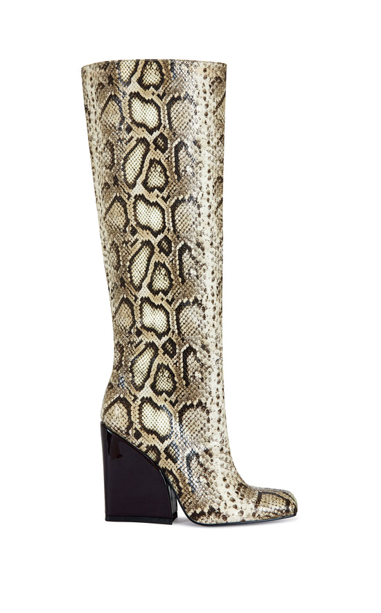faux snakeskin statement knee high boots with a SQUARE shaped toe a black block heel