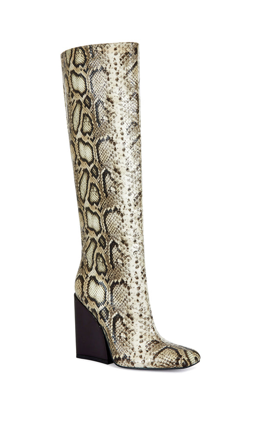 faux snakeskin statement knee high boots with an almond shaped toe a black block heel