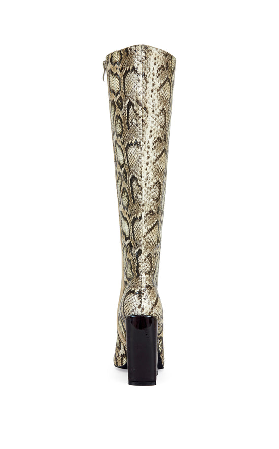 faux snakeskin statement knee high boots with an almond shaped toe a black block heel