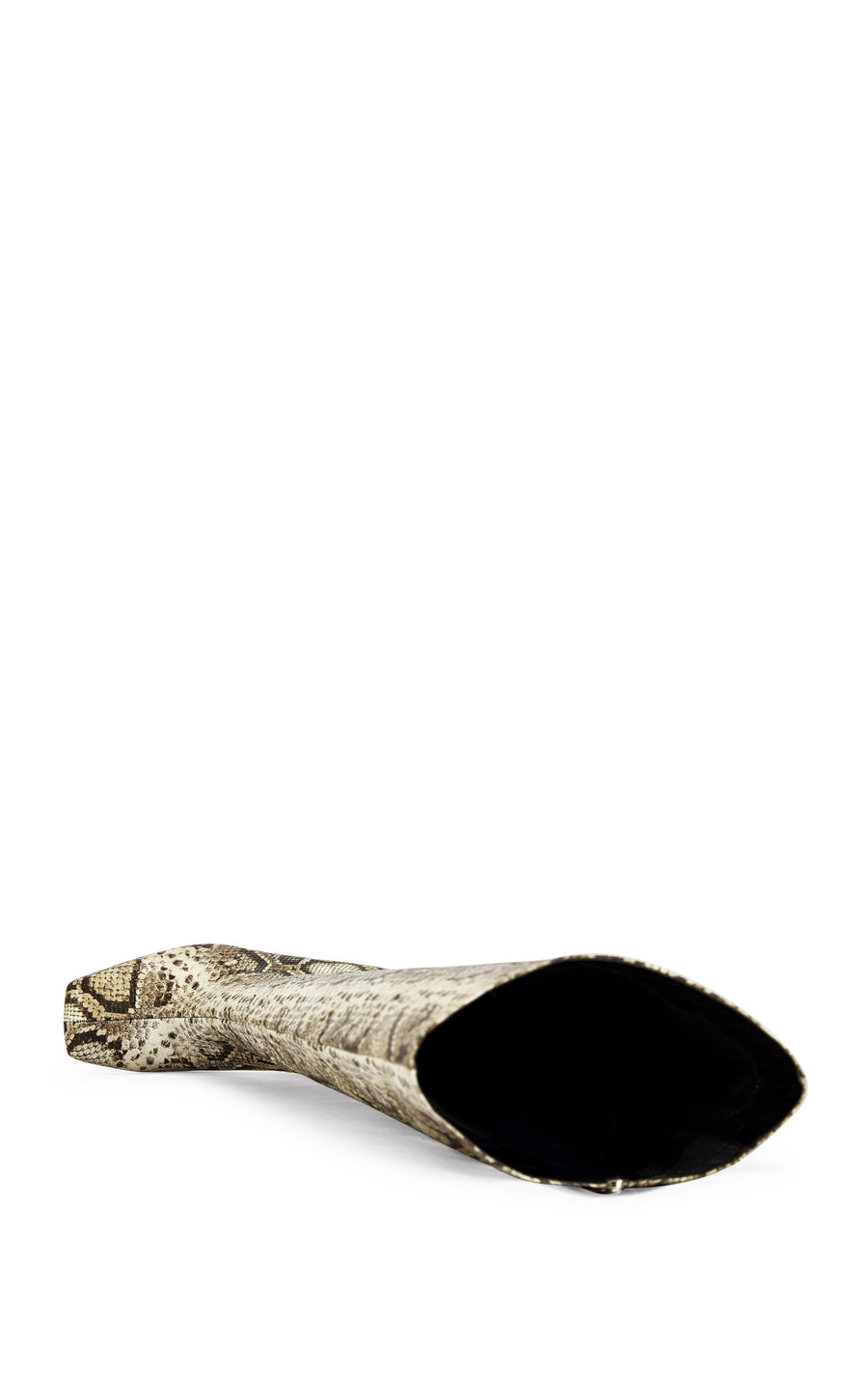 faux snakeskin statement knee high boots with an almond shaped toe a black block heel