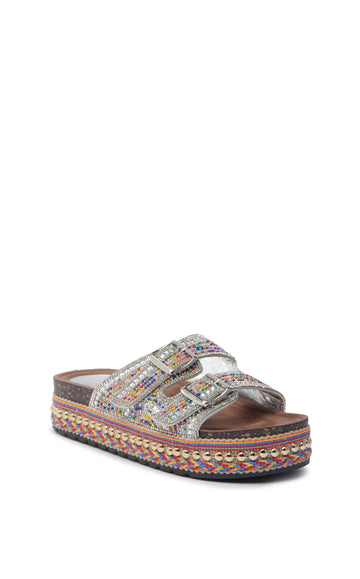 colorful slip on flatform sandal with a multicolored threaded sole lined with gold studs and a beaded double strap belted upper
