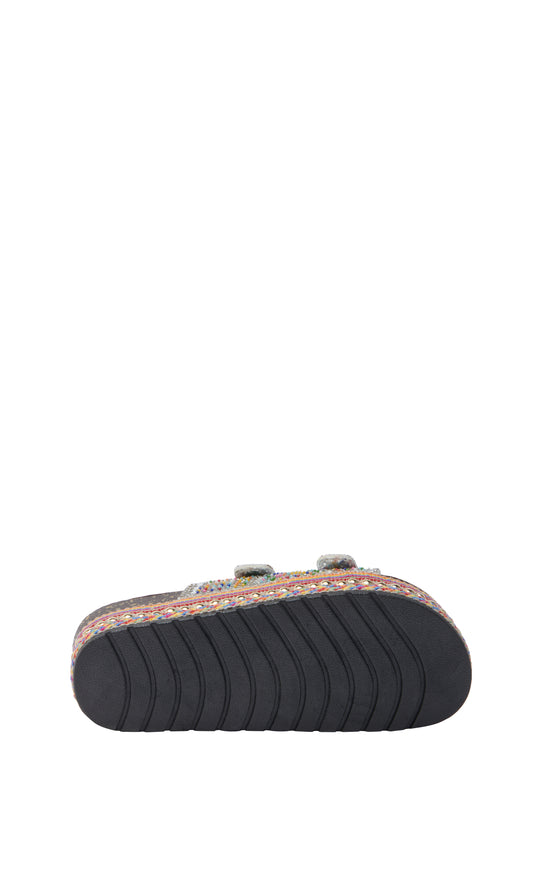 colorful slip on flatform sandal with a multicolored threaded sole lined with gold studs and a beaded double strap belted upper