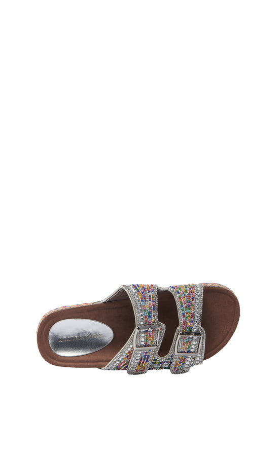 colorful slip on flatform sandal with a multicolored threaded sole lined with gold studs and a beaded double strap belted upper