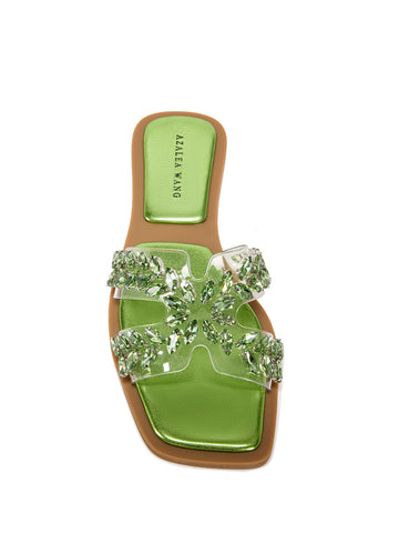 top view of Green flat sandal with a pvc strap embellished with crystal rhinestones