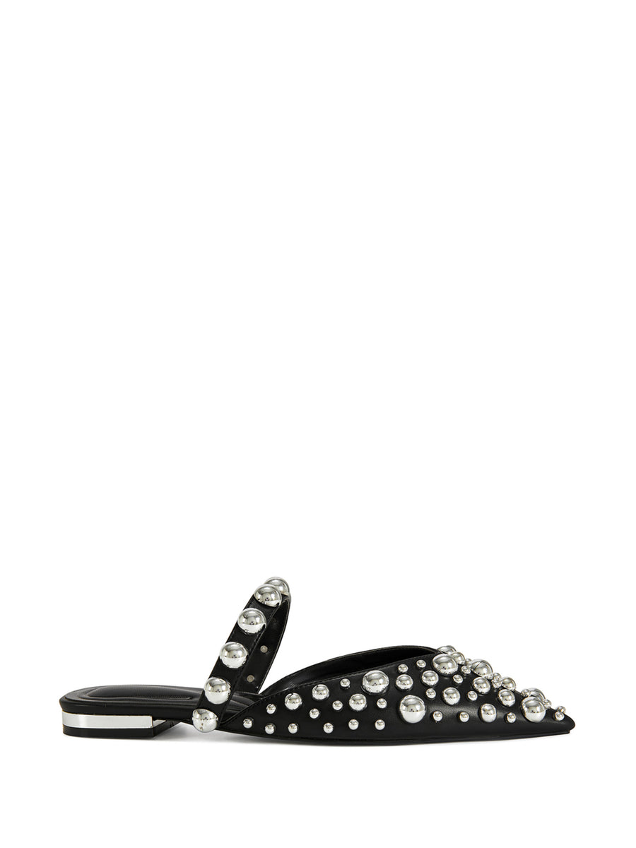 black faux leather pointed toe slip on flat sandals with large silver circular stud embellishments