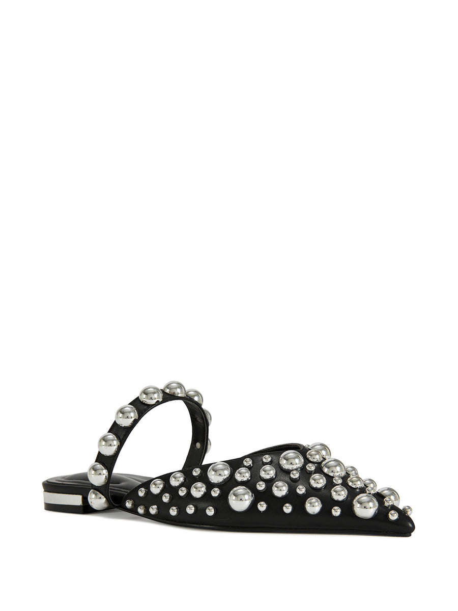 black faux leather pointed toe slip on flat sandals with large silver circular stud embellishments