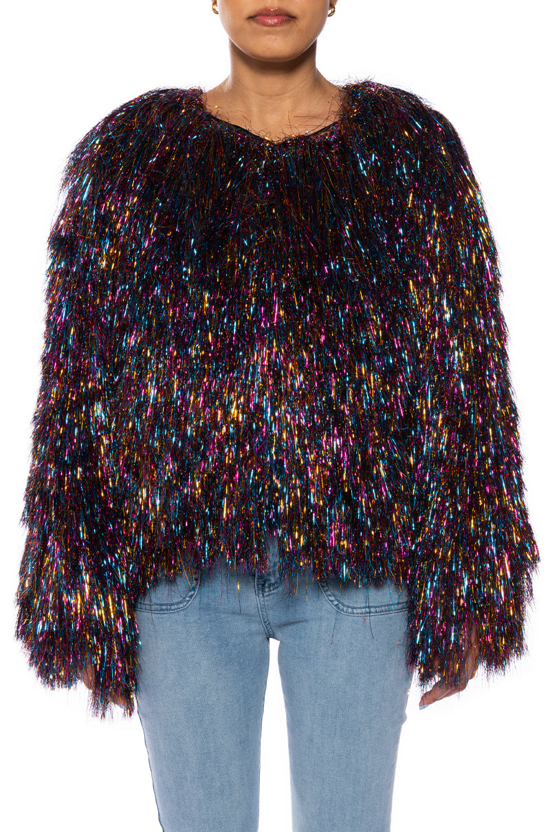 shiny multicolored tinsel fringe statement jacket