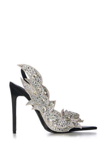 black open toe stiletto heels with a silver floral wave design on the sides adorned with crystal rhinestones