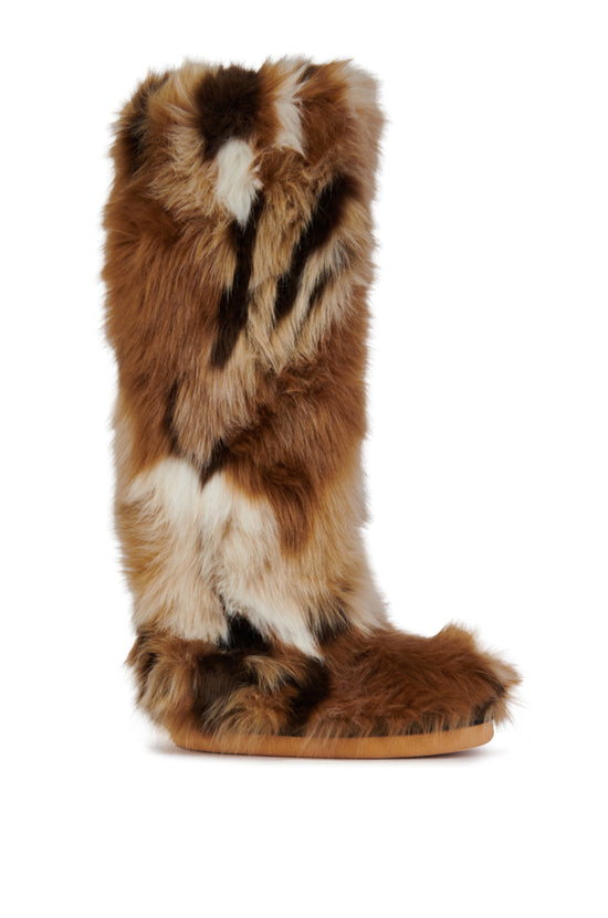 multicolored brown faux fur statement knee high fluffy boot with a flat sole and a  subtle platform