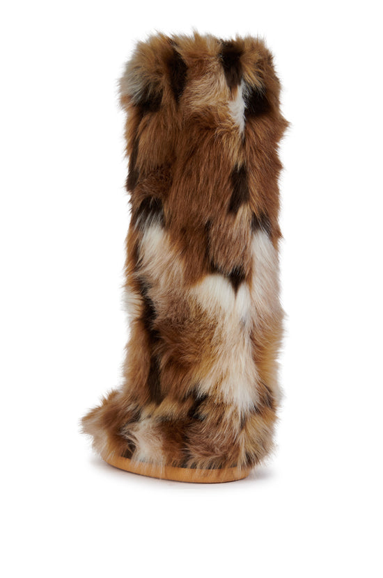 multicolored brown faux fur statement knee high fluffy boot with a flat sole and a  subtle platform