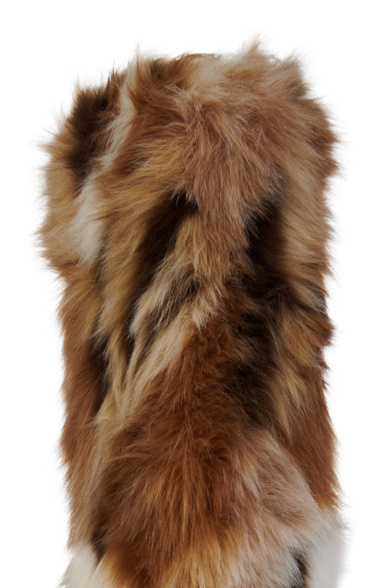 multicolored brown faux fur statement knee high fluffy boot with a flat sole and a  subtle platform