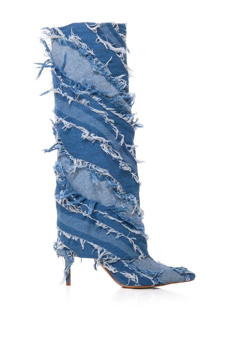 pointed toe heeled boots with fold over silhouette made of multicolored distressed denim