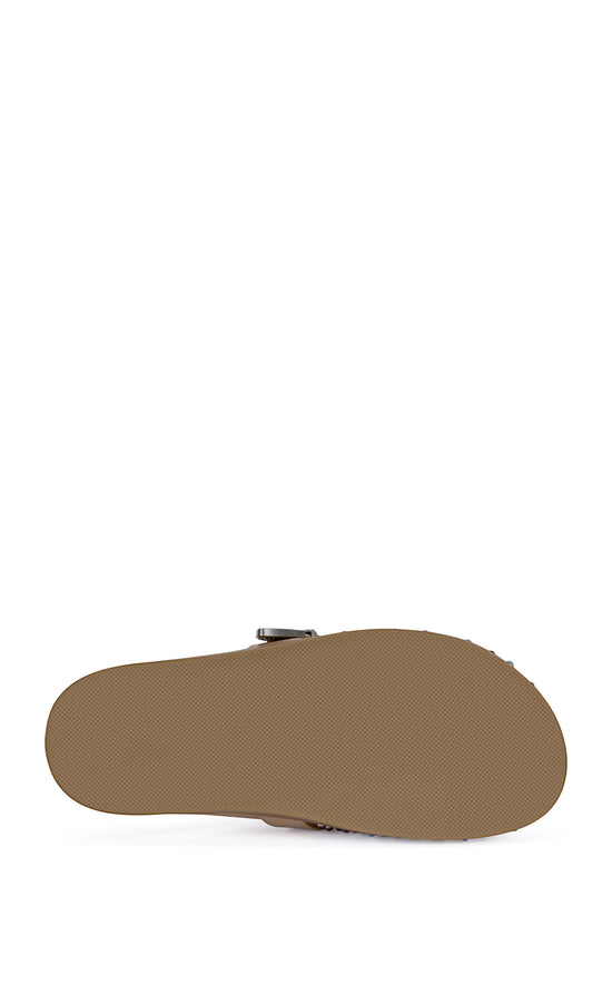 brown faux leather slip on flat mules with a western inspired belted accent with turquoise and stud embellishments