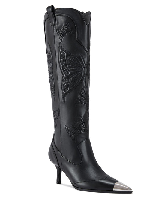 black faux leather pointed toe western inspired boots with a subtle stiletto heel and a butterfly design on the shaft