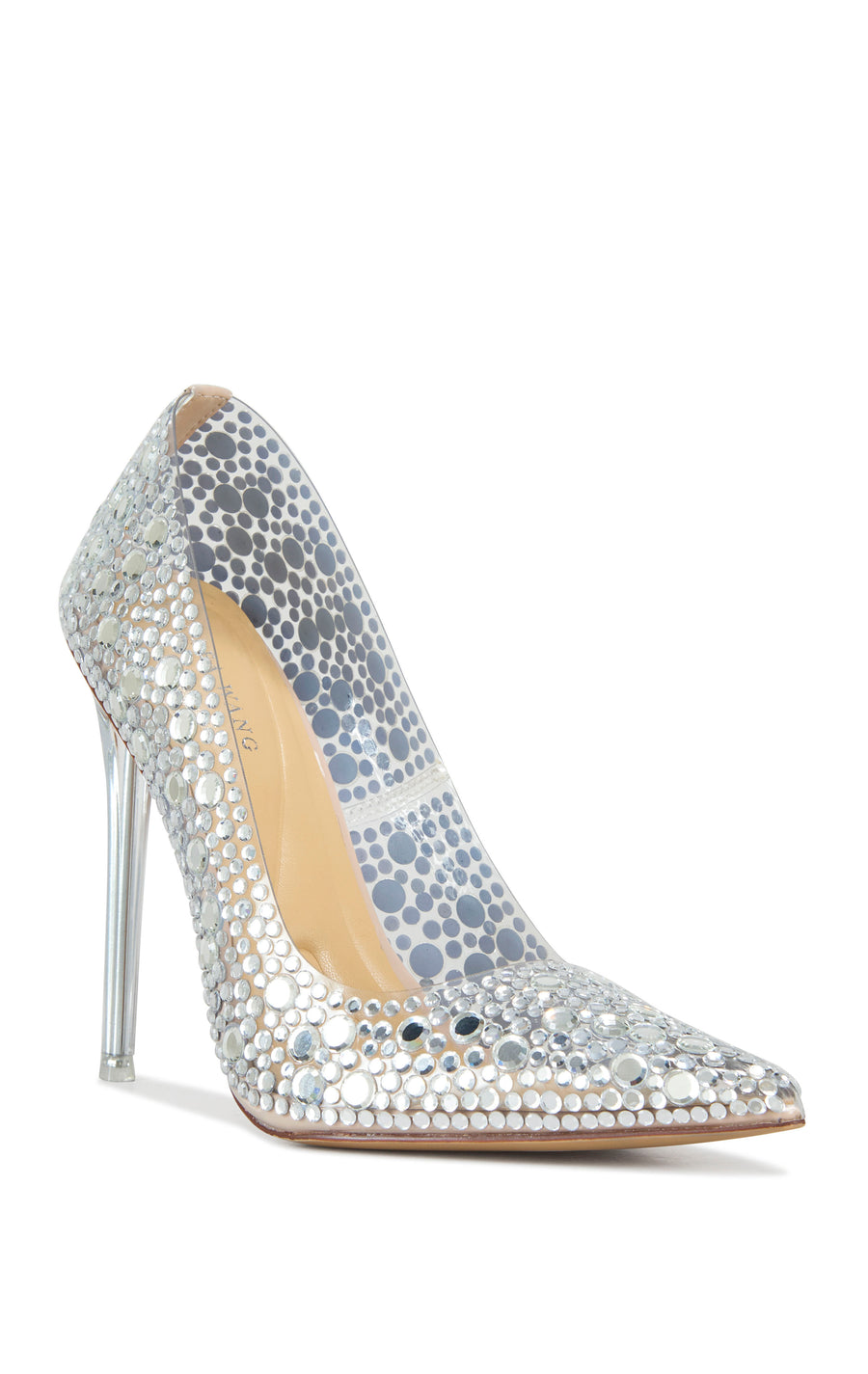 Statement stiletto pump made of PC with circular mirrored embellishments and a clear stiletto heel