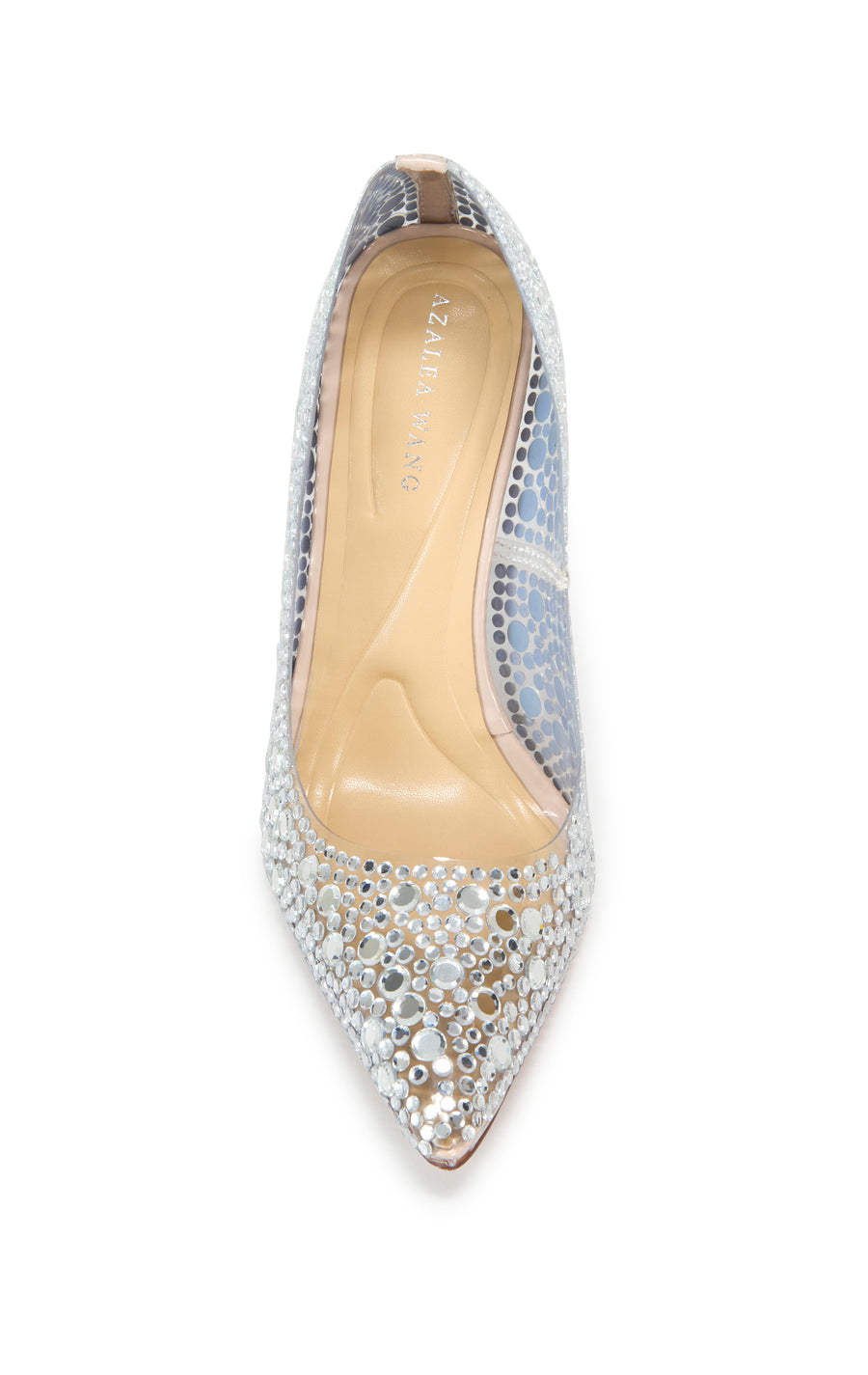 Statement stiletto pump made of PC with circular mirrored embellishments and a clear stiletto heel