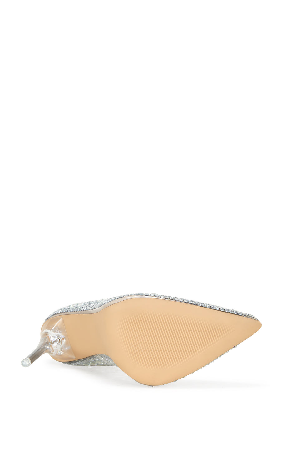 Statement stiletto pump made of PC with circular mirrored embellishments and a clear stiletto heel
