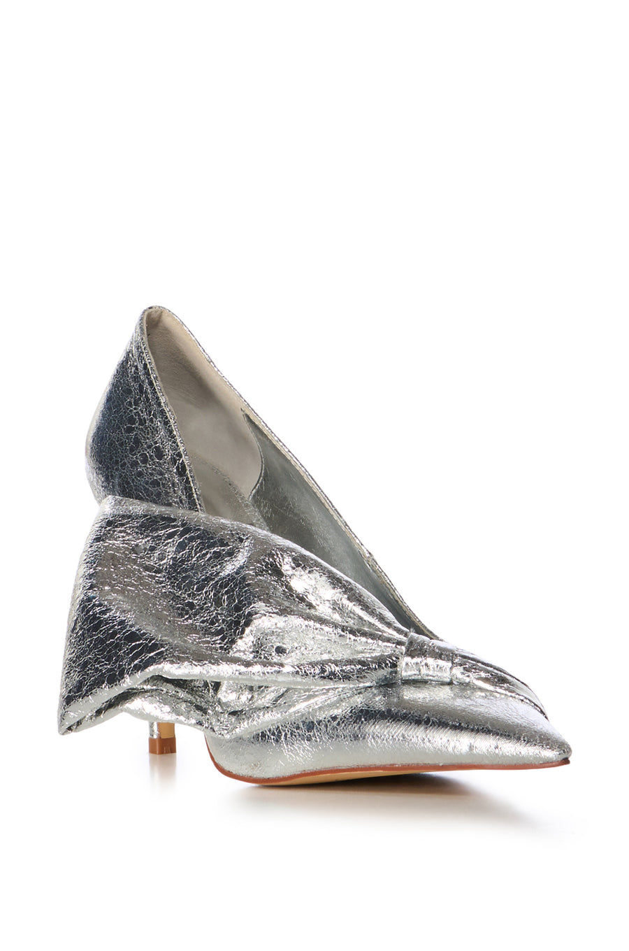 metallic silver faux leather pointed toe stiletto heels with an oversized bow draping the front upper