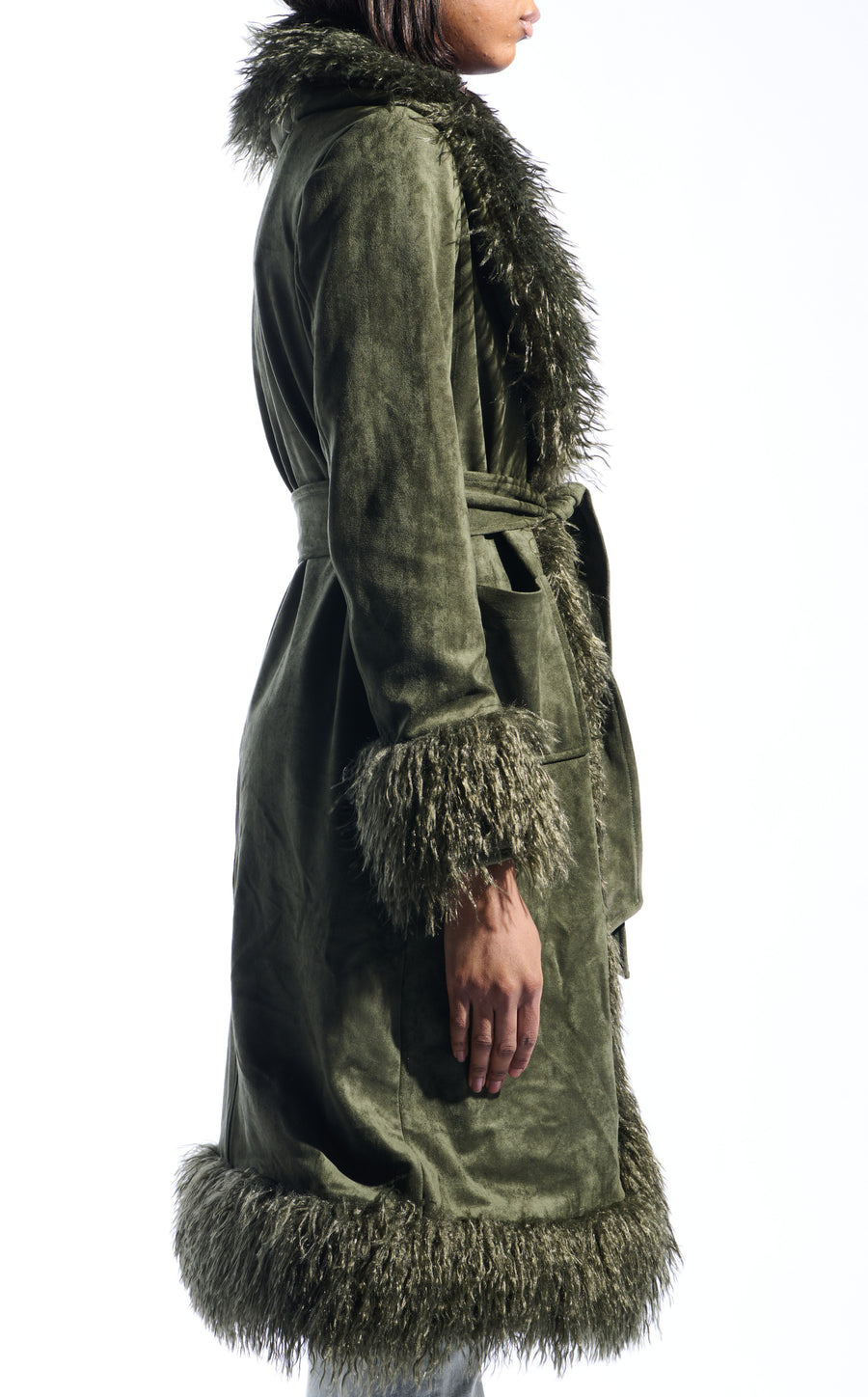 olive green faux suede statement trench coat with two front pockets, a faux fur lined collar and sleeves, and a tie up waist closure