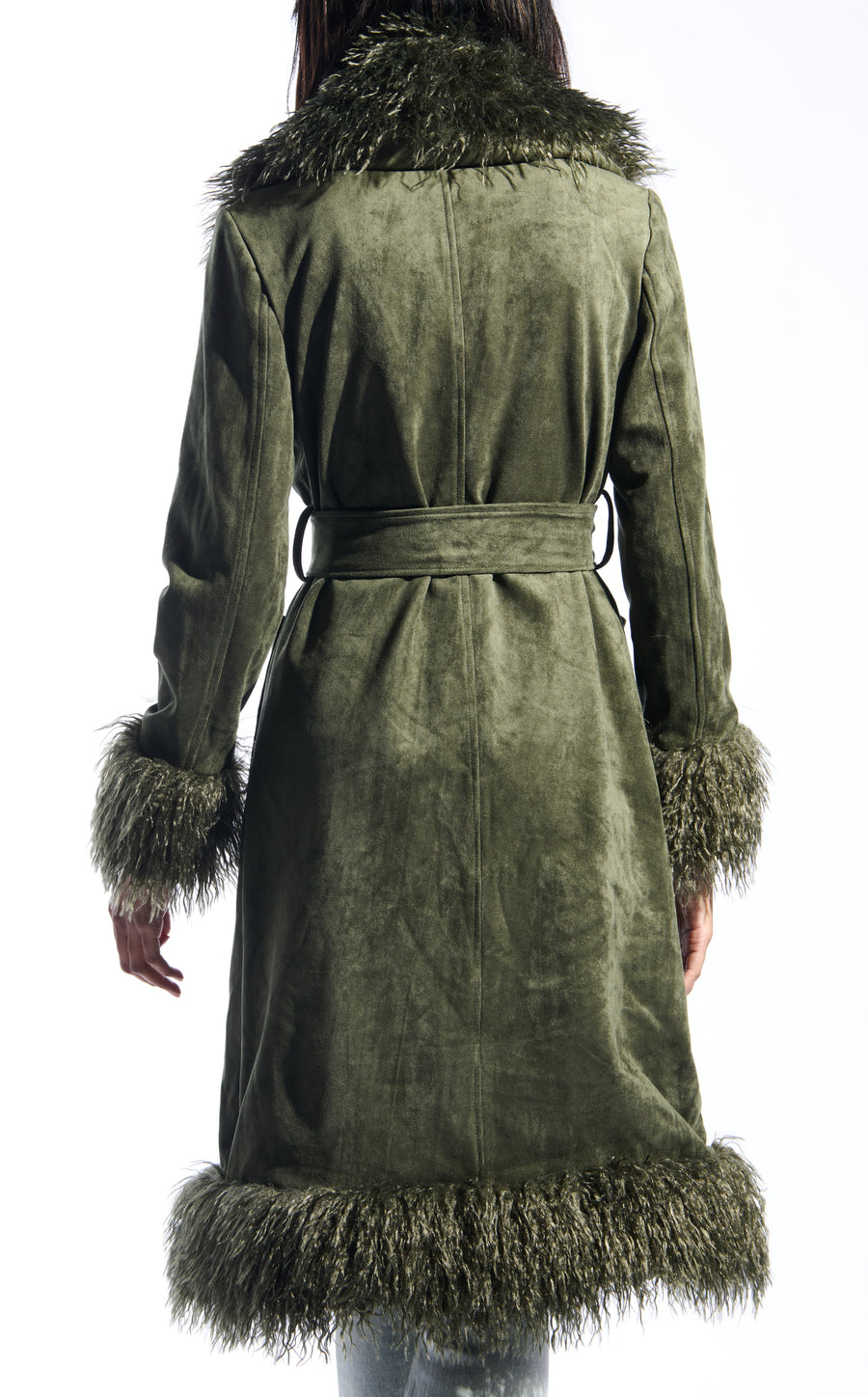 olive green faux suede statement trench coat with two front pockets, a faux fur lined collar and sleeves, and a tie up waist closure