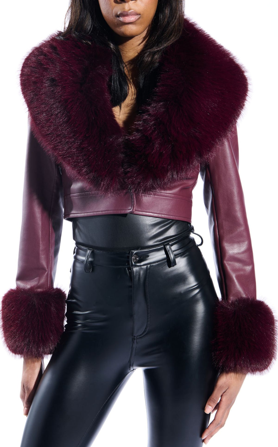 GISELE-BURGUNDY FAUX FUR JACKET