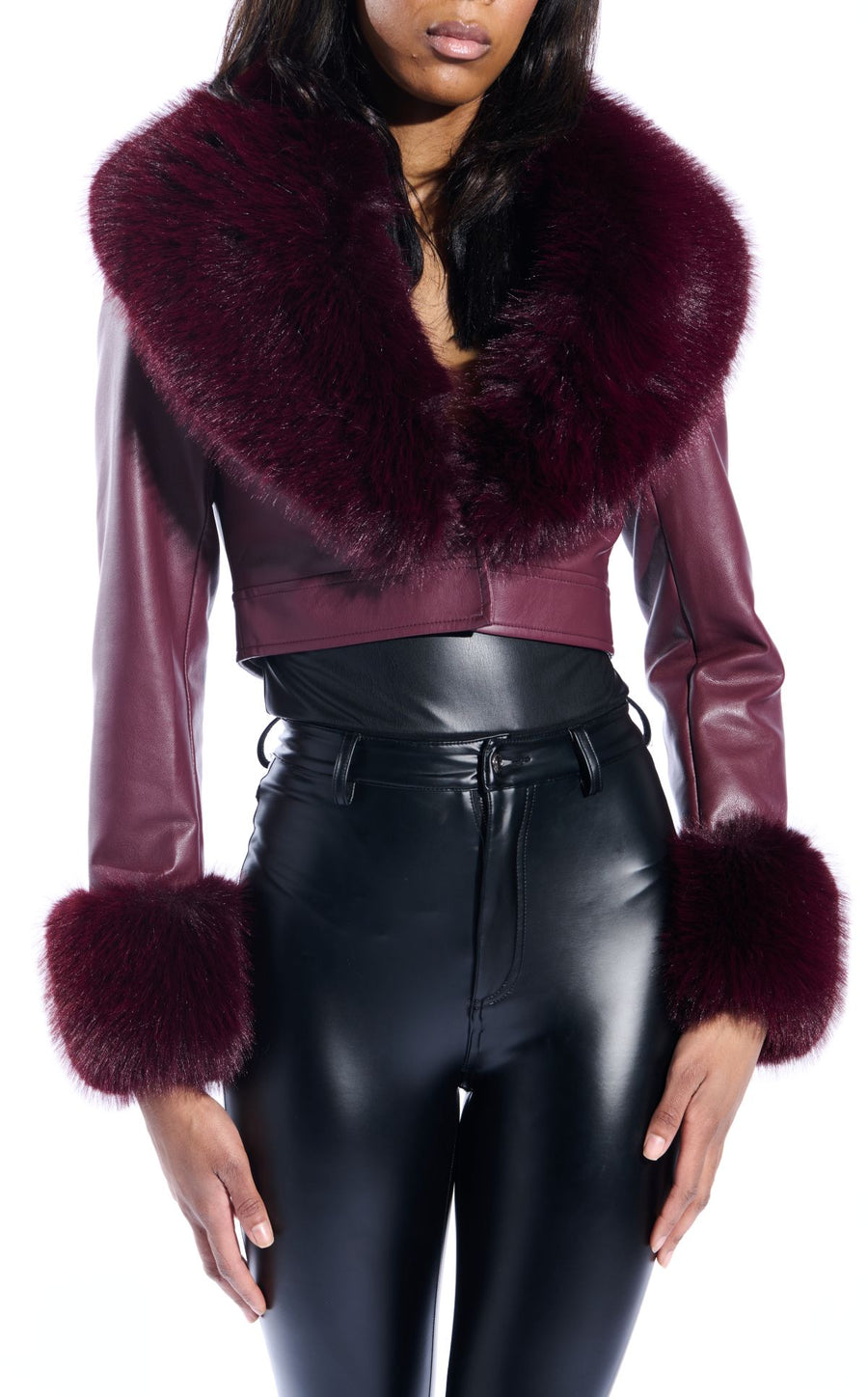 GISELE-BURGUNDY FAUX FUR JACKET