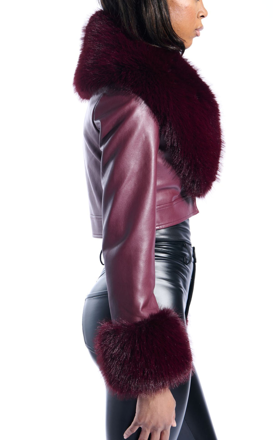 GISELE-BURGUNDY FAUX FUR JACKET