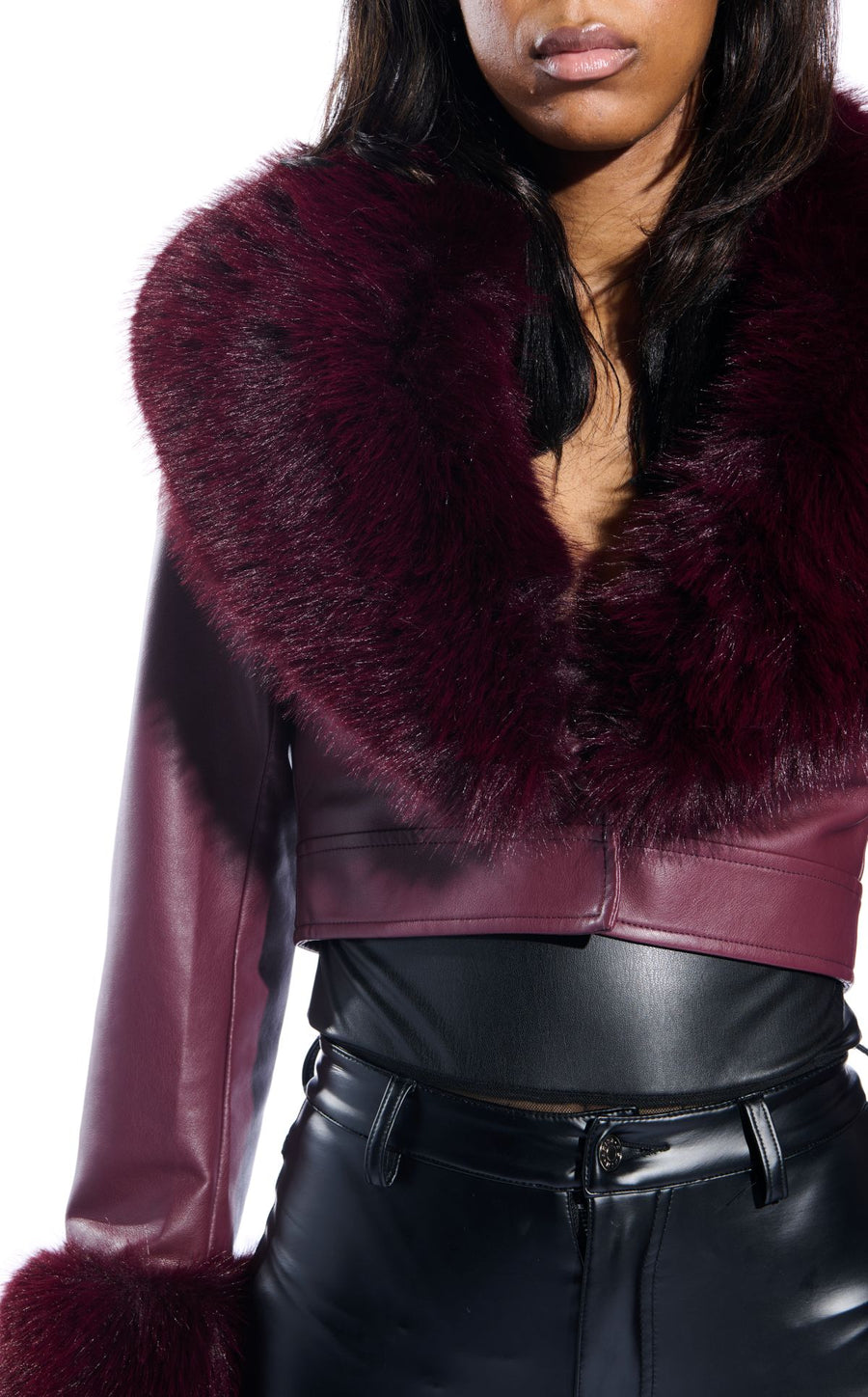 GISELE-BURGUNDY FAUX FUR JACKET