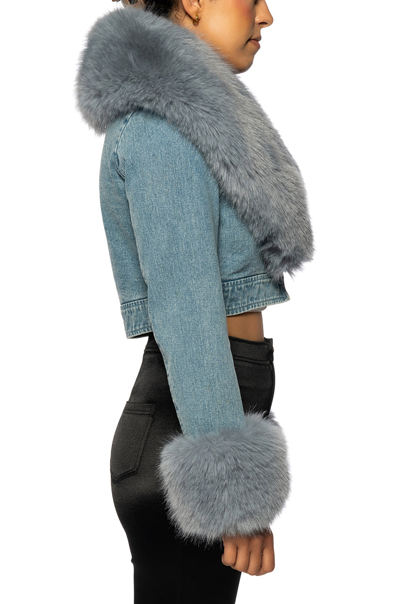side view of front view of cropped light wash denim jacket with dusty blue collard and cuffs