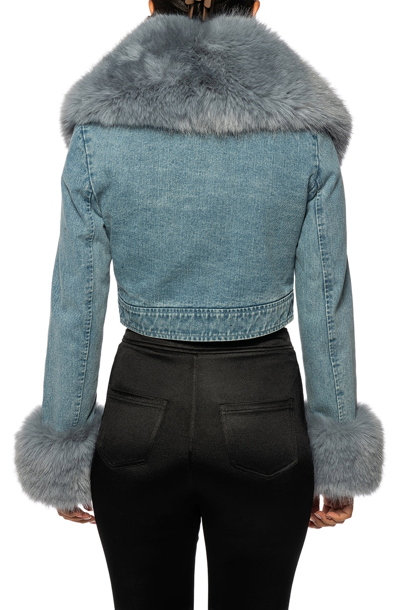 back view of front view of cropped light wash denim jacket with dusty blue collard and cuffs