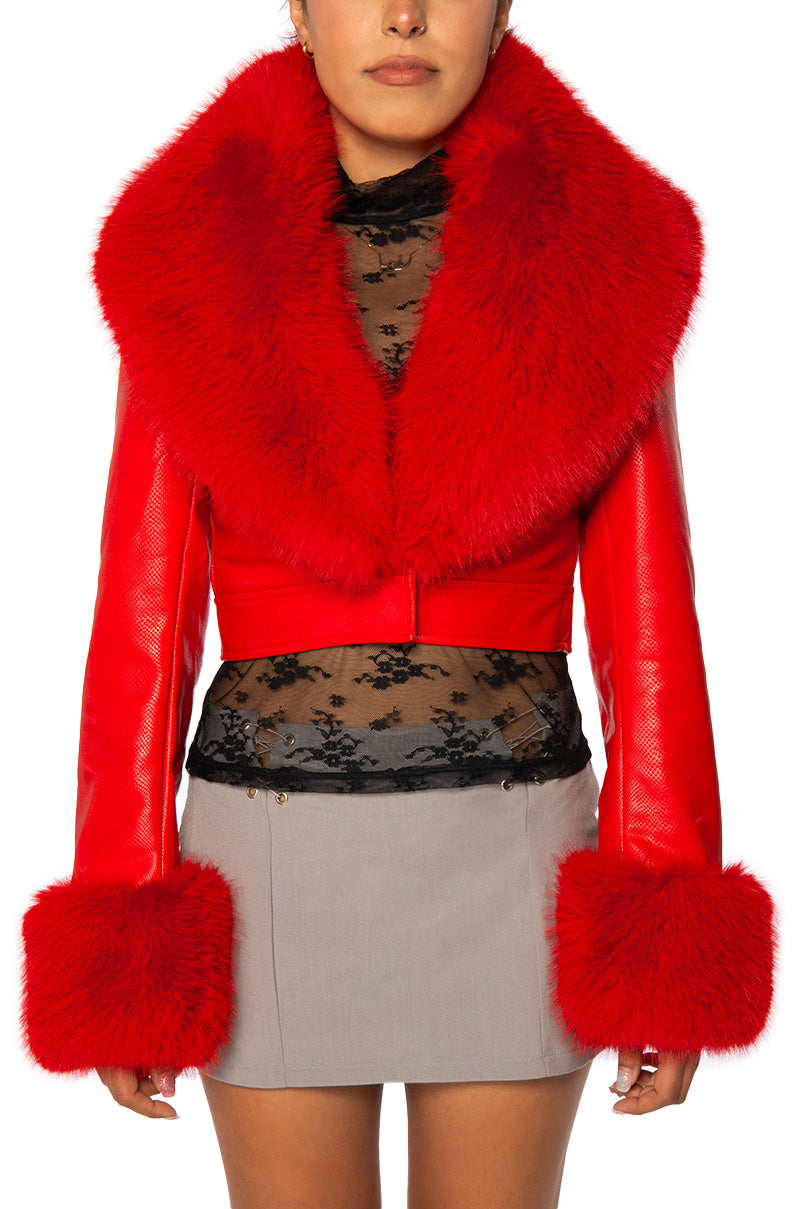 front view of Cherry red faux leather jacket with red faux fur collar and cuffs