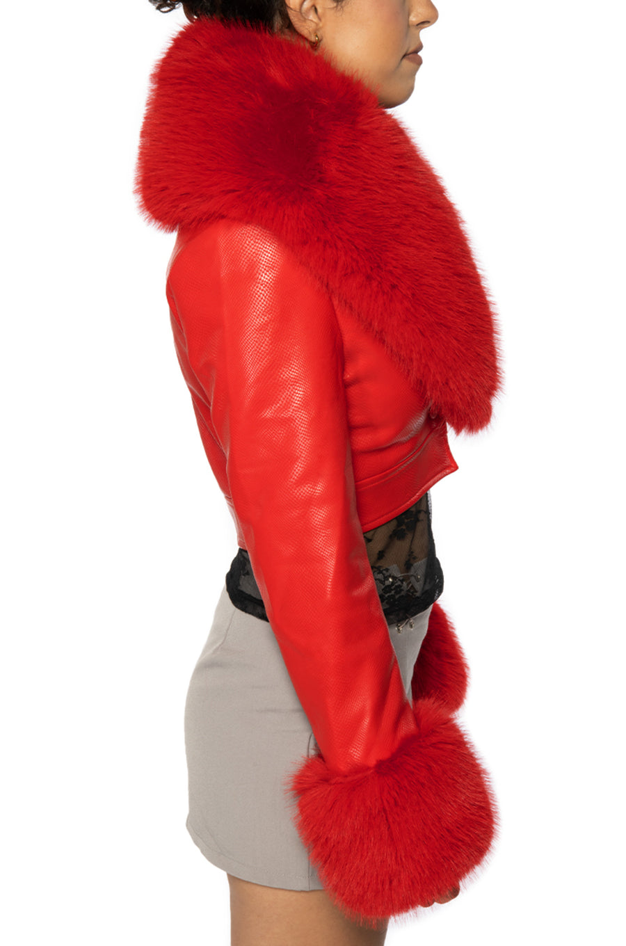 front view of Cherry red faux leather jacket with red faux fur collar and cuffs